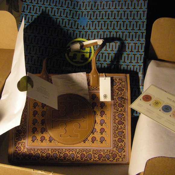 Tory Burch Ella Printed Tote Bag Large Brown Floral Daisy Border + TB Gift Bag - Picture 10 of 13